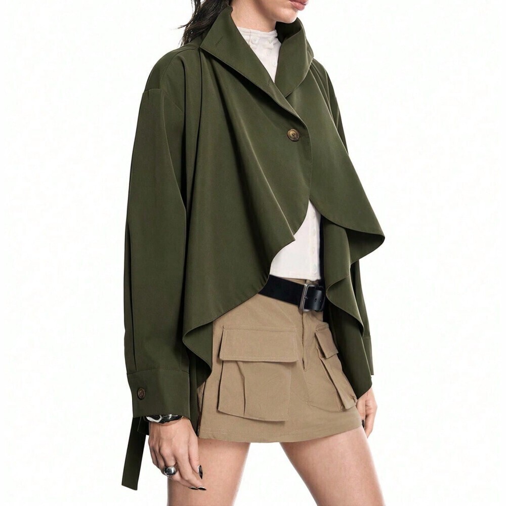 Olive Green Draped Waterfall Cape-Effect Collar Oversized Trench Jacket - Picture 1 of 8